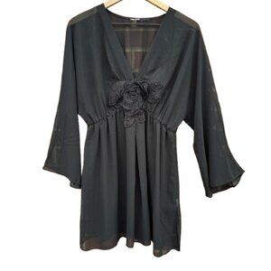Sheer Flowy Babydoll Tunic Top LG/XL Black Bell Sleeves 3D Flower Fairy Goth